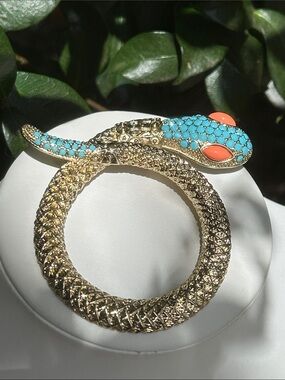 Vintage Graziano Gold Tone Snake Pendant with Turquoise and Coral Accents